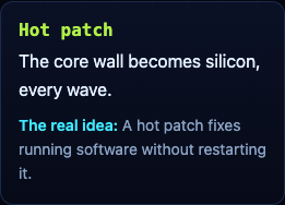 The Hot patch upgrade card on the Tank City Zero Day page: the core wall becomes silicon every wave, and the real idea, a hot patch fixes running software without restarting it