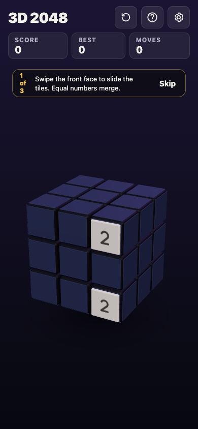 3D 2048 on a phone screen: a 3 by 3 cube with two 2 tiles on the front face