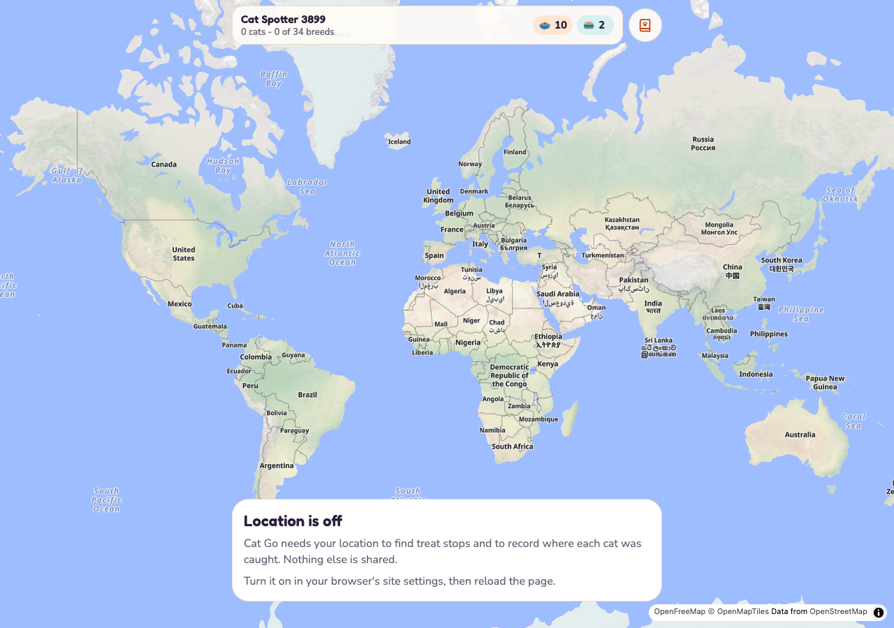 Cat Go home screen showing a world map, the player bar with kibble and tuna, and the Location is off card