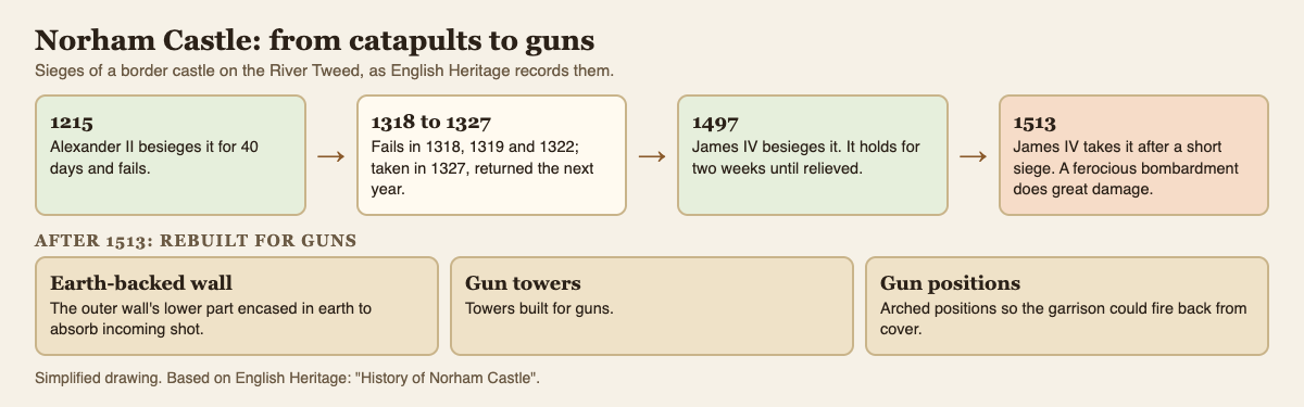 Timeline diagram of the sieges of Norham Castle from 1215 to 1513 and its rebuilding for guns