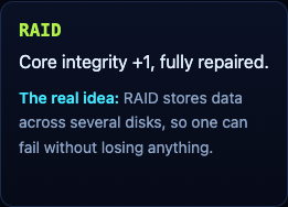 The RAID upgrade card on the Tank City Zero Day page: core integrity plus one, fully repaired, and the real idea, RAID stores data across several disks so one can fail