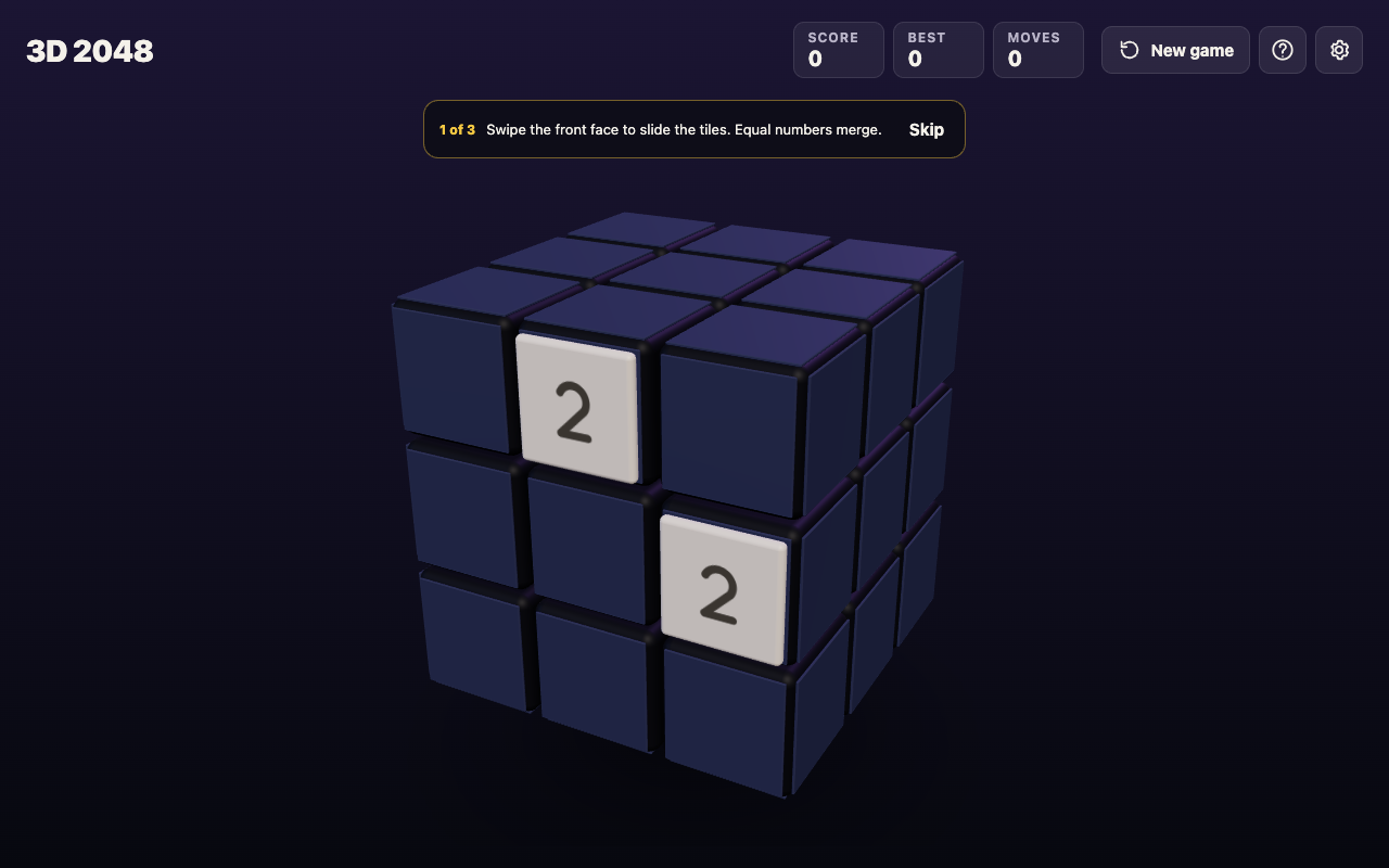 A new game of 3D 2048: a 3 by 3 cube with two 2 tiles on the front face and the first tip