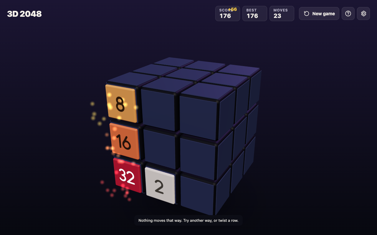 3D 2048 at move 23: a 32 tile in the bottom left corner of the front face, with 16 and 8 above it