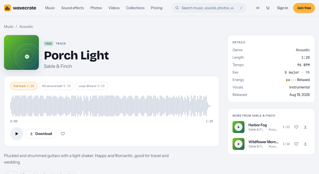Wavecrate track page for Porch Light, marked Free, with Full track, 30 second edit and Loop versions and its tempo and key details