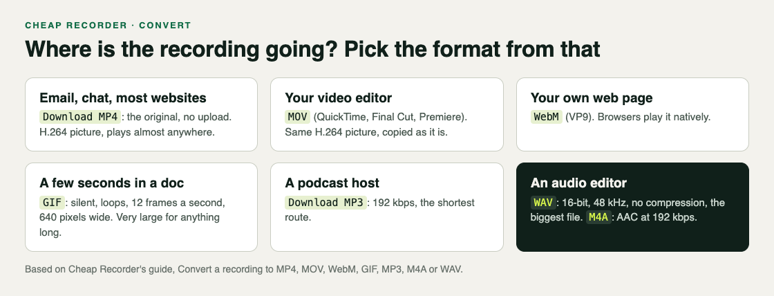Chart matching where a recording is going to the format to pick: MP4, MOV, WebM, GIF, MP3, WAV or M4A