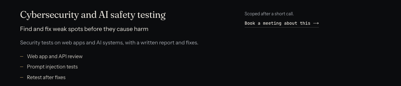 The whitehatstoic Cybersecurity and AI safety testing card: find and fix weak spots before they cause harm, with web app and API review, prompt injection tests and retest after fixes