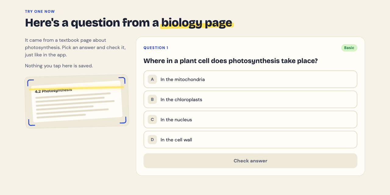 The Try one now section of the Study Shot home page: a sample multiple-choice question from a biology page, with four choices and a Check answer button