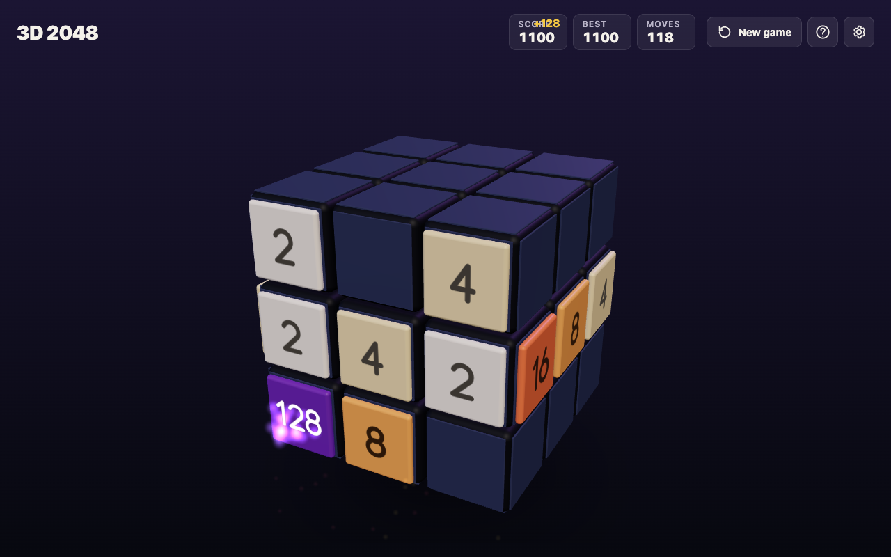 3D 2048 at move 118: a 128 tile in the bottom left corner of the front face, with 16, 8 and 4 tiles twisted onto the right face