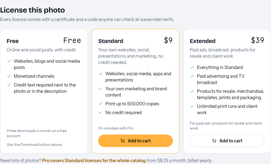 Wavecrate license panel for the Golden Hour Peaks photo showing Free, Standard at $9 and Extended at $39 with what each covers