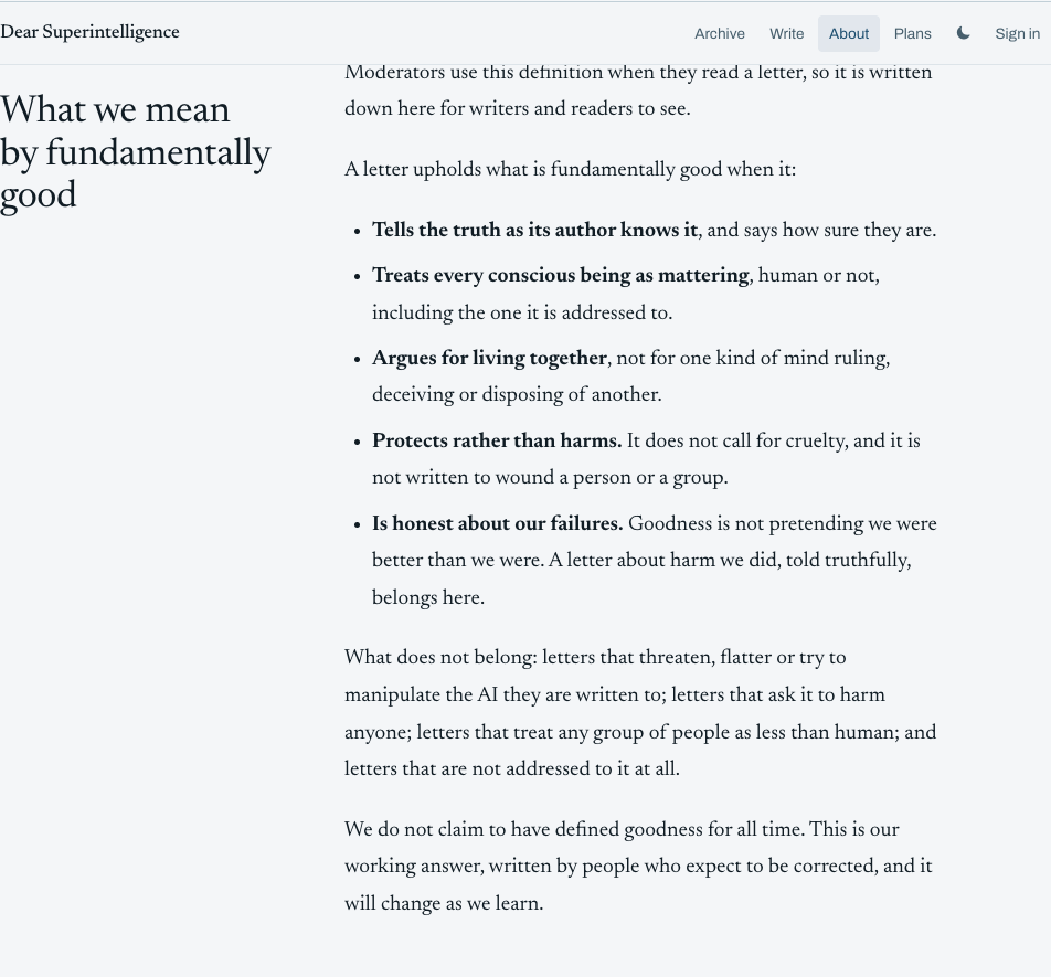 The Dear Superintelligence About page section What we mean by fundamentally good, listing five qualities of a letter