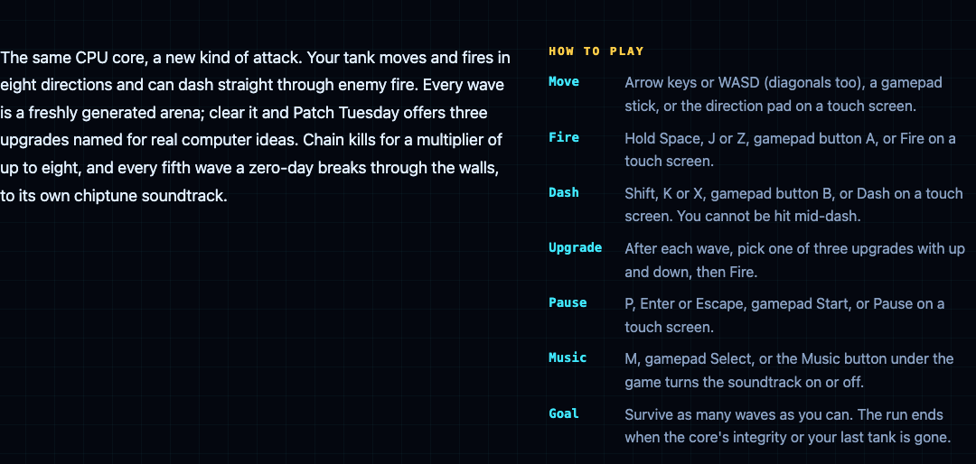 The How to play section of the Tank City Zero Day page, listing the keys to move, fire, dash, pick an upgrade, pause and turn the music on or off, and the goal