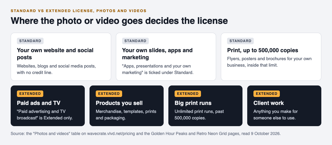 Diagram sorting photo and video uses: Standard for your own website, slides, apps, marketing and print up to 500,000 copies; Extended for paid ads, products you sell, big print runs and client work