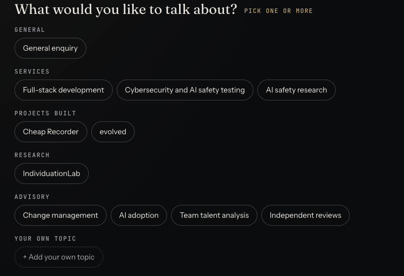 The whitehatstoic booking page topics, with Full-stack development, Cybersecurity and AI safety testing and AI safety research under services