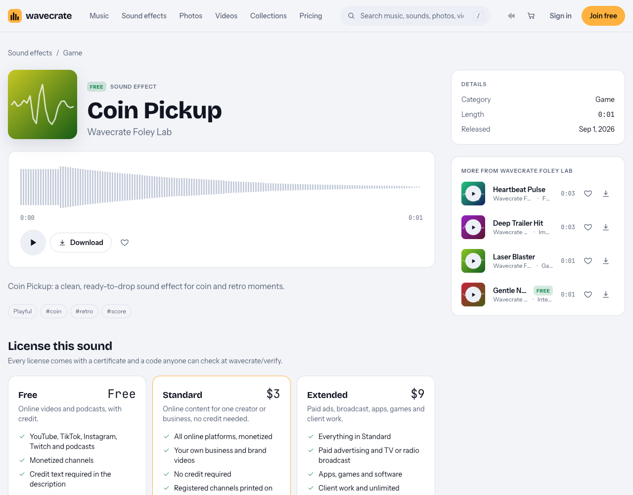 Coin Pickup sound effect page on Wavecrate showing Free, Standard at $3 and Extended at $9 license cards