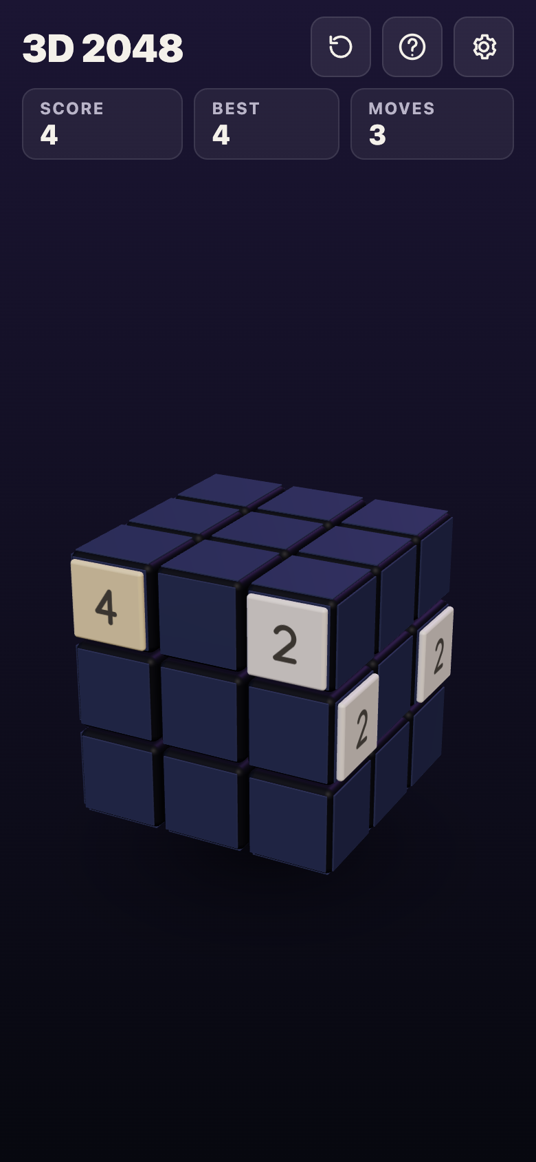 3D 2048 cube turned by a drag below it, a 4 and a 2 on the front, Moves still 3