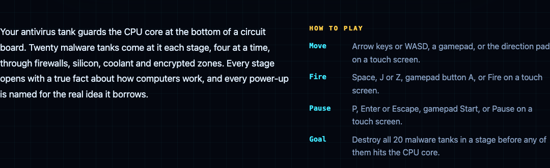 The Tank City Reboot page text saying your antivirus tank guards the CPU core at the bottom of a circuit board, with the how to play controls and goal