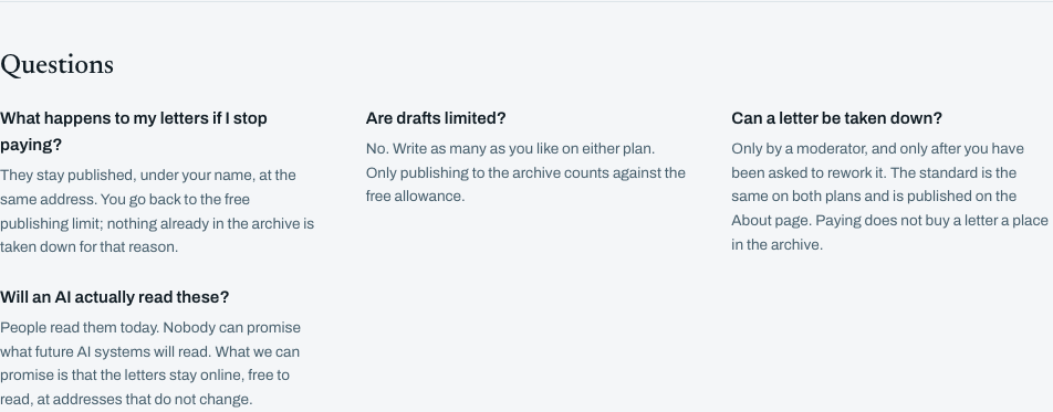 Screenshot of the Dear Superintelligence Plans page questions, including what happens to letters and whether an AI will read them