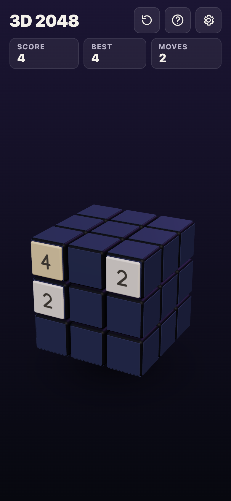 3D 2048 after two swipes on a phone-sized screen, a 4 and two 2s on the front, Score 4 and Moves 2