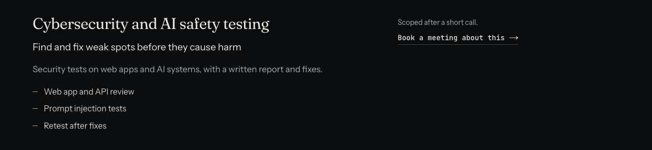 The whitehatstoic cybersecurity and AI safety testing card: web app and API review, prompt injection tests, retest after fixes
