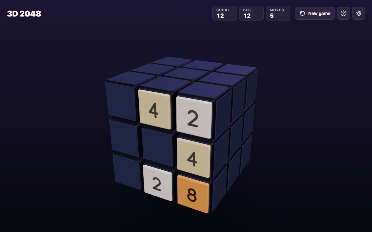3D 2048 after four slides and one twist, with number tiles on the front face and Moves reading 5
