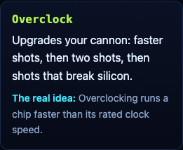 The Overclock card on the Tank City Reboot page: upgrades your cannon with faster shots, then two shots, then shots that break silicon