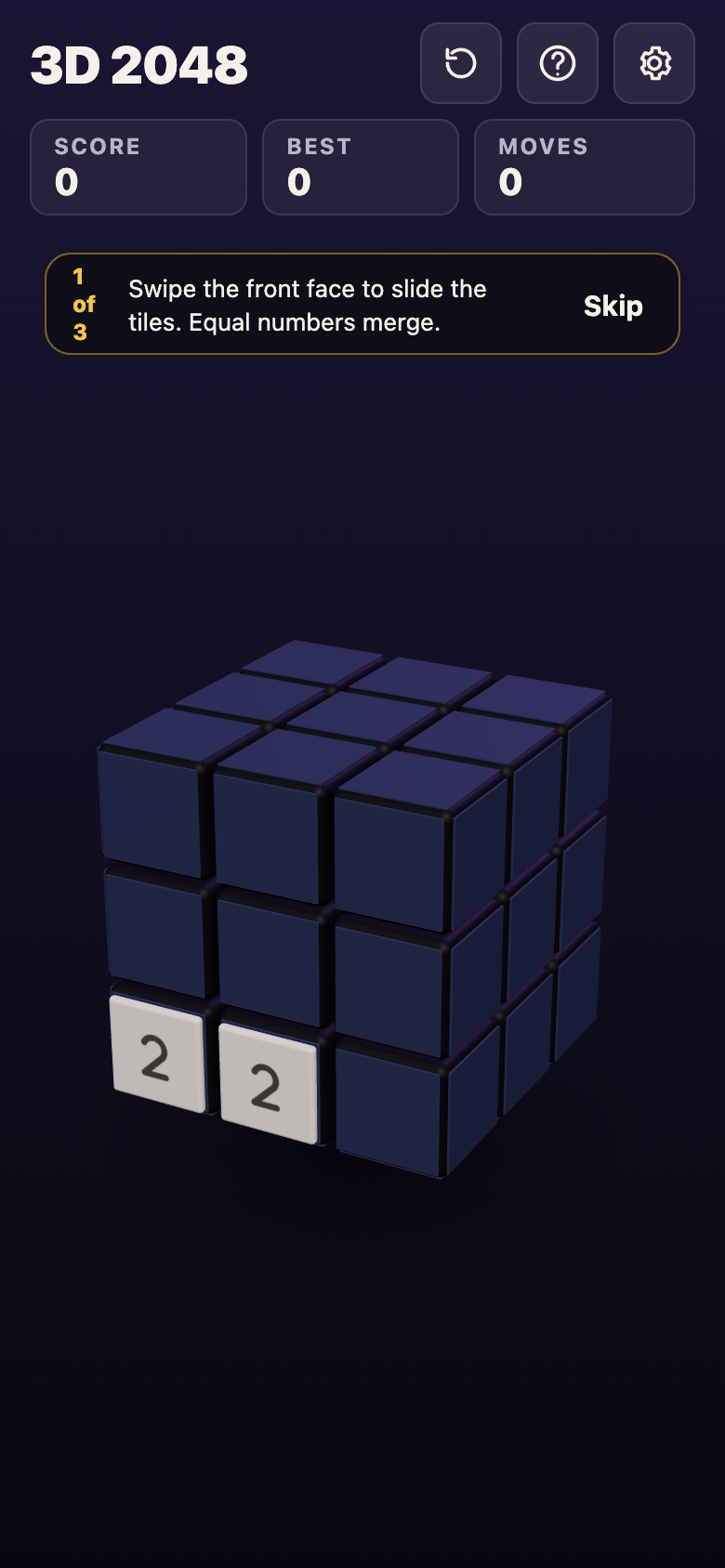 3D 2048 new game on a phone-sized screen with two 2 tiles and the first tip, 1 of 3