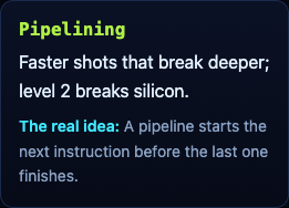 The Pipelining upgrade card in Tank City Zero Day, with faster shots that break deeper and the real idea of a pipeline