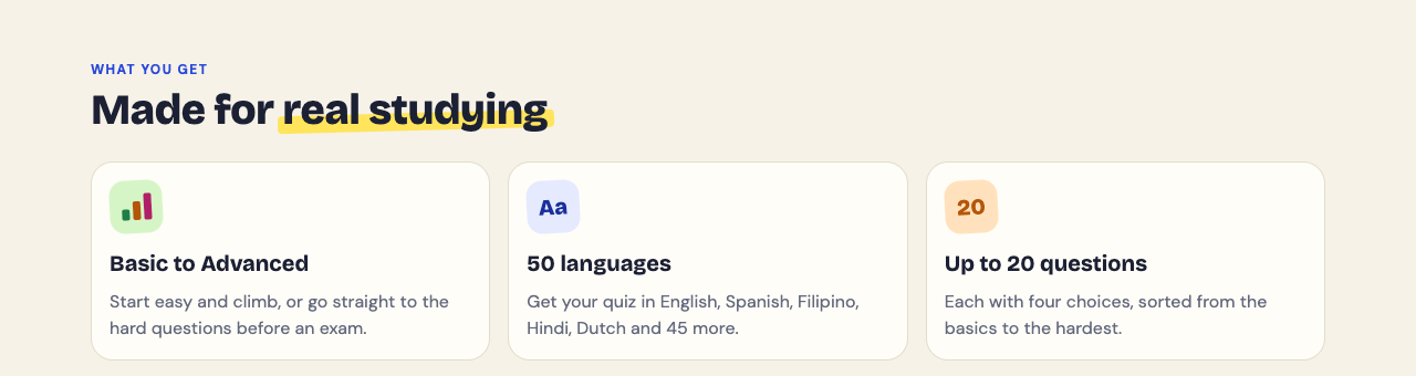 Three feature cards from the Study Shot home page: Basic to Advanced, 50 languages, and up to 20 questions each with four choices