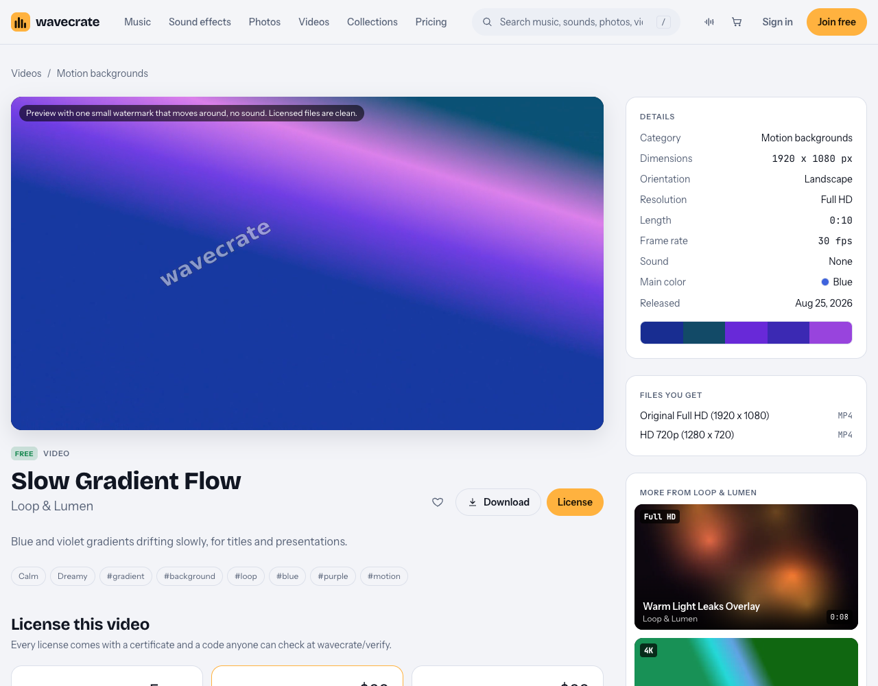 Slow Gradient Flow motion background page on Wavecrate with its preview, Free label and details panel showing Full HD, 10 seconds and no sound