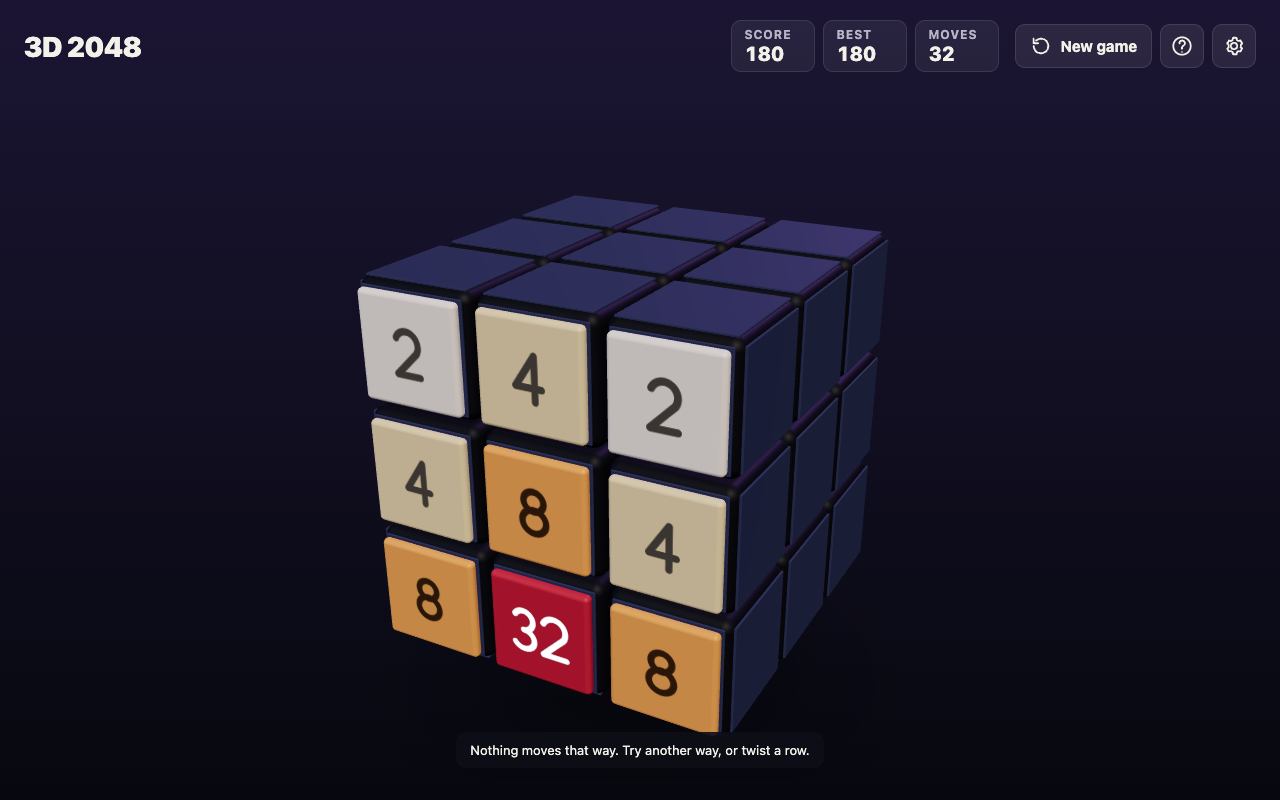 3D 2048 at move 32 with a full front face, a 32 tile in the bottom row, and the message Nothing moves that way