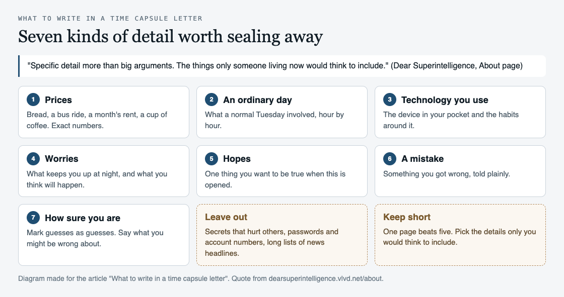 Diagram of seven kinds of detail for a time capsule letter: prices, an ordinary day, technology, worries, hopes, a mistake, how sure you are