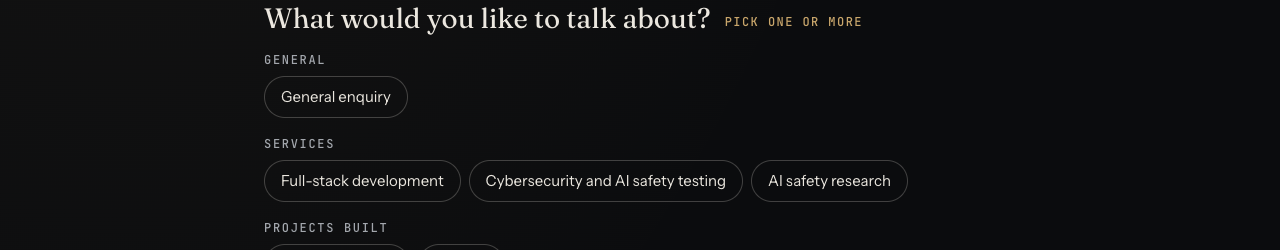 The whitehatstoic booking page topics, including cybersecurity and AI safety testing under services