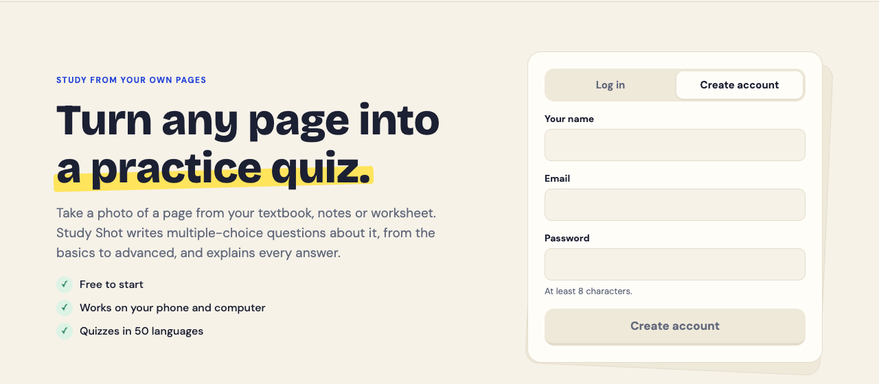 The top of the Study Shot home page: turn a page into a practice quiz, with free to start, phone and computer, and quizzes in 50 languages