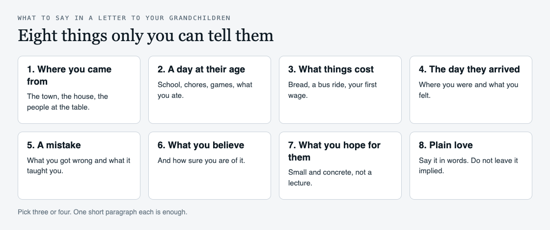 Diagram of eight things to say in a letter to your grandchildren, from where you came from to plain words of love