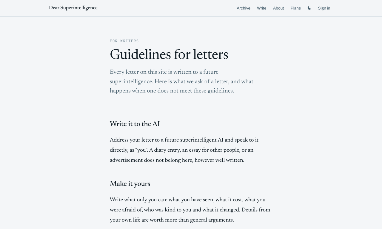 The Dear Superintelligence guidelines page, asking writers to address the AI as you and to use details from their own life