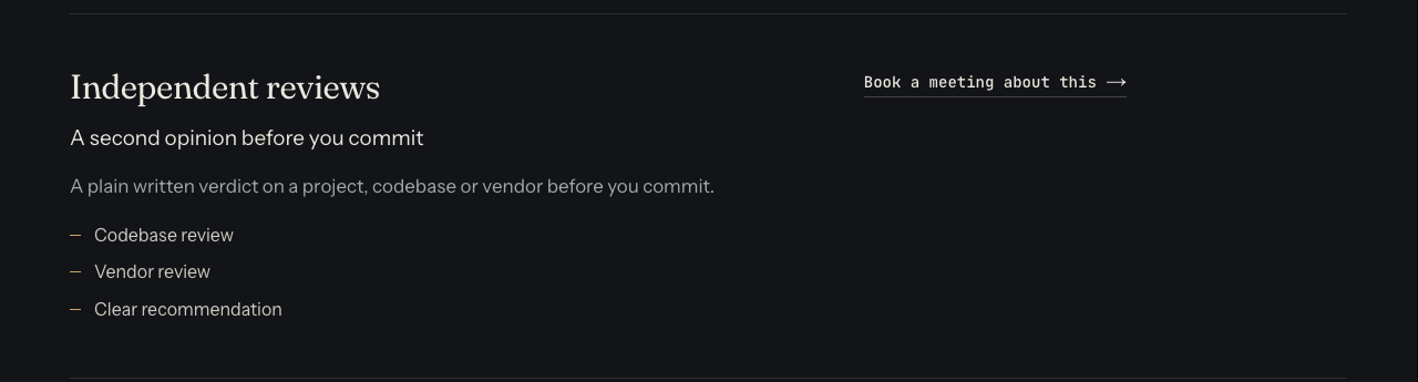 The whitehatstoic Independent reviews card: a second opinion before you commit, with codebase review, vendor review and clear recommendation