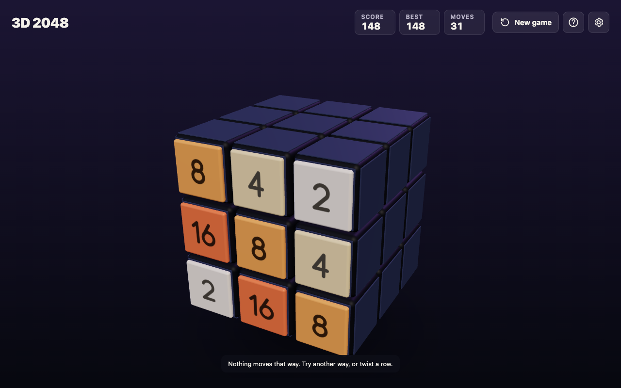 3D 2048 at move 31 with Score 148, a full front face of 8, 4, 2, 16, 8, 4, 2, 16 and 8 tiles, and the message Nothing moves that way