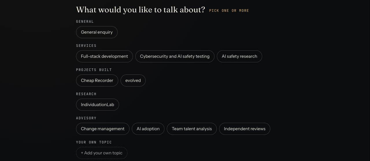 The whitehatstoic booking page topics, with cybersecurity and AI safety testing listed under services