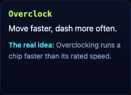 The Overclock upgrade card on the Tank City Zero Day page: move faster, dash more often, with the real idea that overclocking runs a chip faster than its rated speed