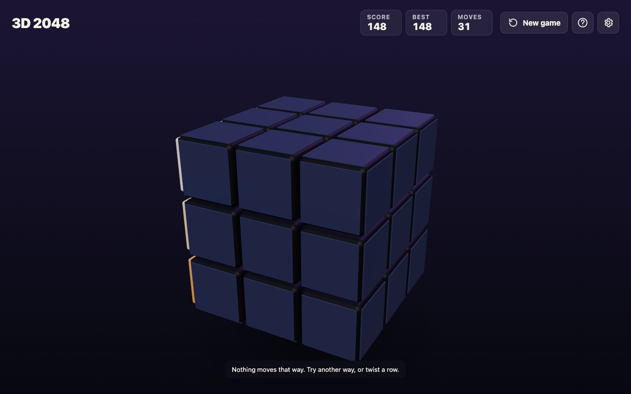 3D 2048 after Shift and Left turned the whole cube to an empty face, with Score 148 and Moves 31 unchanged