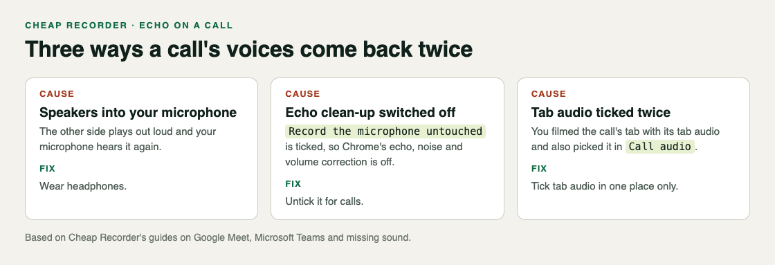 Three causes of echo in a recorded call and their fixes: speakers into the microphone, echo clean-up switched off, tab audio ticked twice