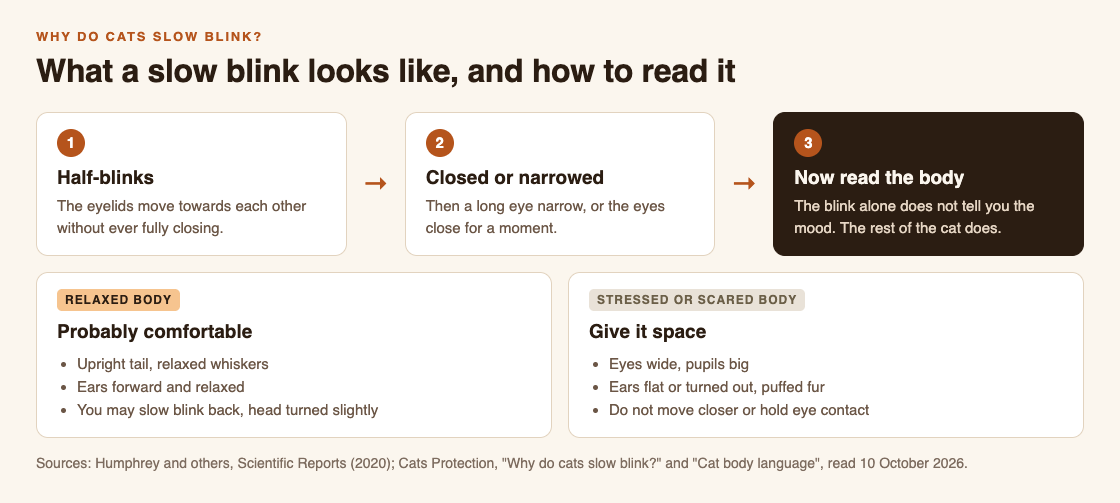 Diagram of the slow blink sequence, from half-blinks to closed or narrowed eyes, then reading the cat's body: relaxed means probably comfortable, stressed means give it space