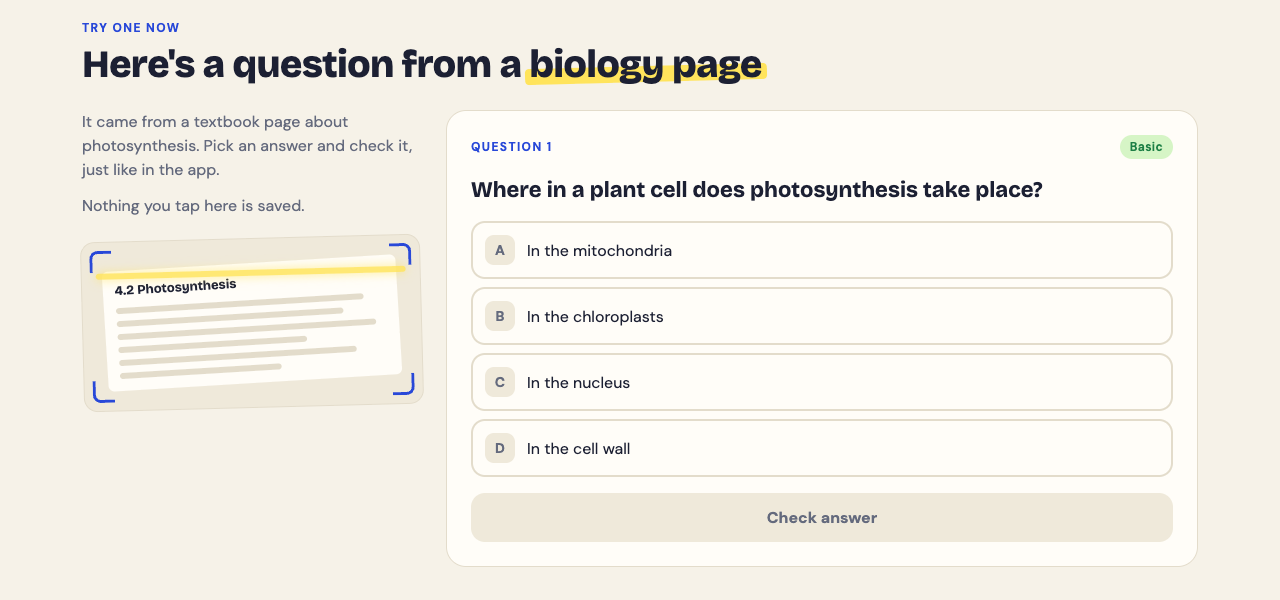 The Try one now section of the Study Shot home page: a photosynthesis question with four choices and a Check answer button