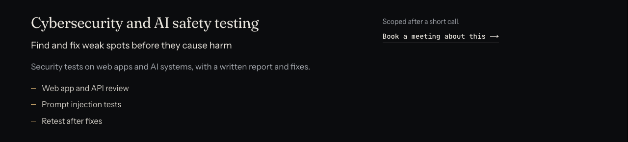 The whitehatstoic cybersecurity and AI safety testing card, listing web app and API review, prompt injection tests and retest after fixes