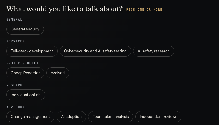 The whitehatstoic booking page topics, with cybersecurity and AI safety testing listed under services