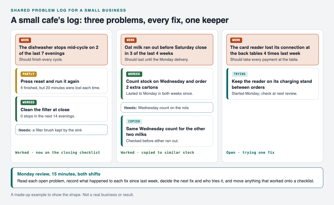 Diagram of a small cafe's shared problem log with three work problems, the dishwasher, oat milk stock and the card reader, each with its fixes, outcomes, requirements and status, plus a weekly review