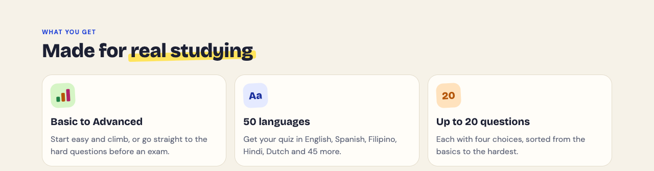 Feature cards on the Study Shot home page: Basic to Advanced, 50 languages, and Up to 20 questions with four choices