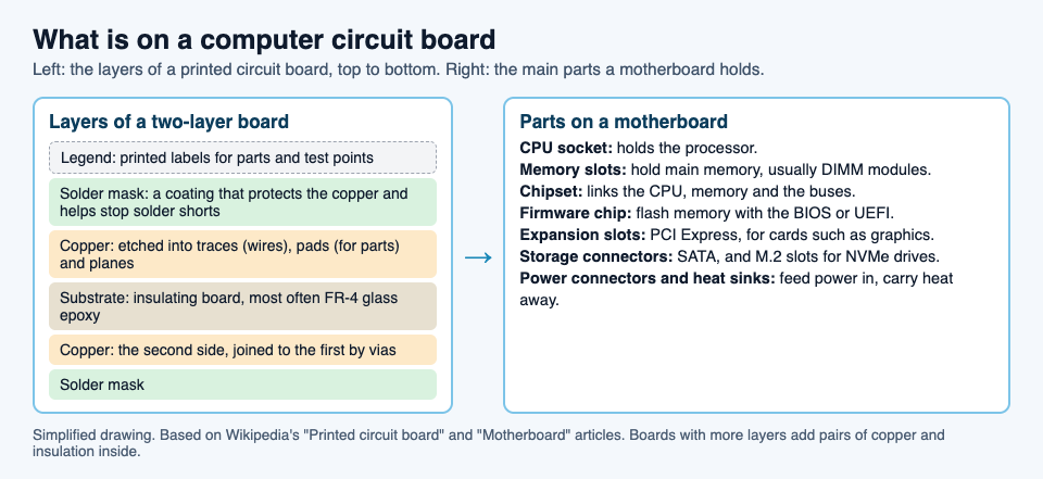 Diagram of the layers of a two-layer printed circuit board beside a list of the main parts a motherboard holds