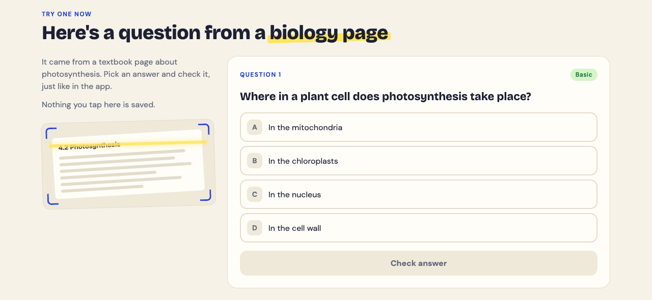 The Try one now section of the Study Shot home page: a question from a biology textbook page about photosynthesis with four choices