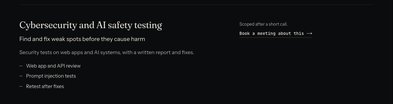 The whitehatstoic cybersecurity and AI safety testing card, listing web app and API review, prompt injection tests and retest after fixes